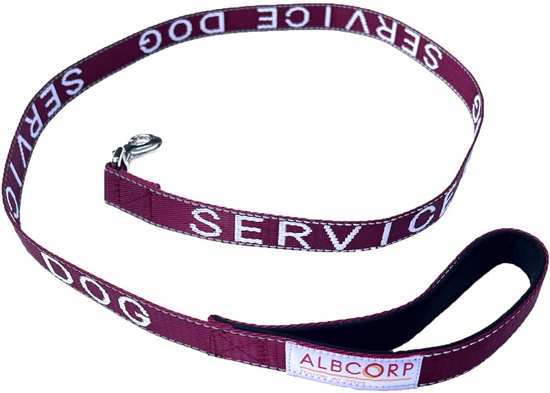 Albcorp Service Dog Leash - Embroidered- with Padded Neoprene Handle and Reflective Threads, 4 Feet, for Harnesses, Vests or Collars, Maroon - Image 2